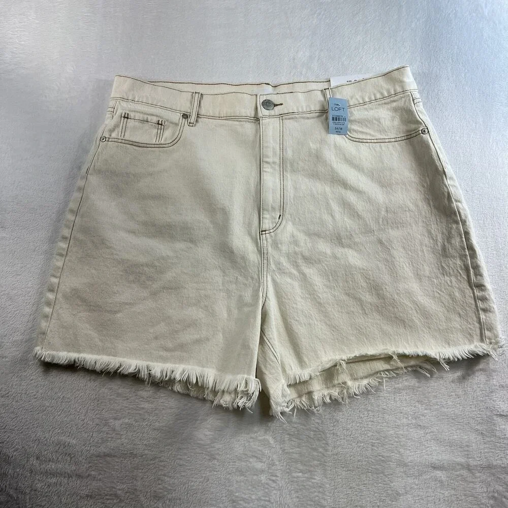 LOFT Plus 34 18 Petite Shorts Baggy High Waist Boyfriend‎ Raw Hem Denim Stretch